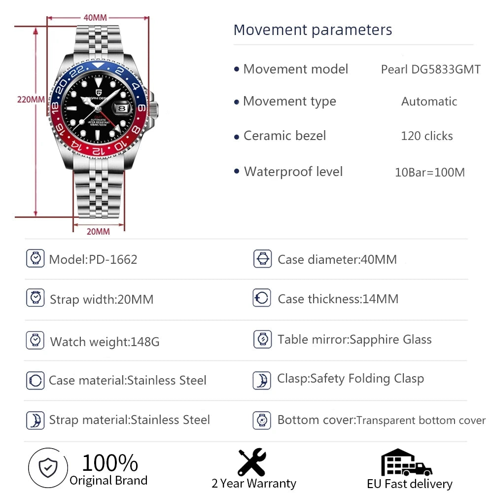 PAGANI DESIGN V3 Version GMT Watches Men's Luxury Sapphire Automatic Mechanical Watch 40MM Stainless Steel Waterproof Watch Venice Collections