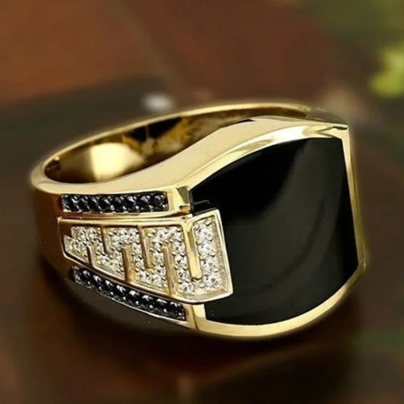Classic Men’s Gold-Tone Ring with Black Zircon – Luxury Punk Style Venice Collections