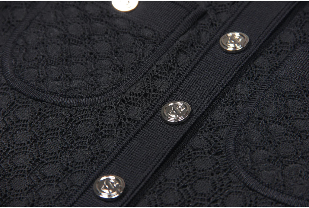 Spring And Summer New Fashion Thin Cut Hollow Lace Silver S Button Slim Fit Round Neck Sleeveless Temperament Women's Dress Venice Collections