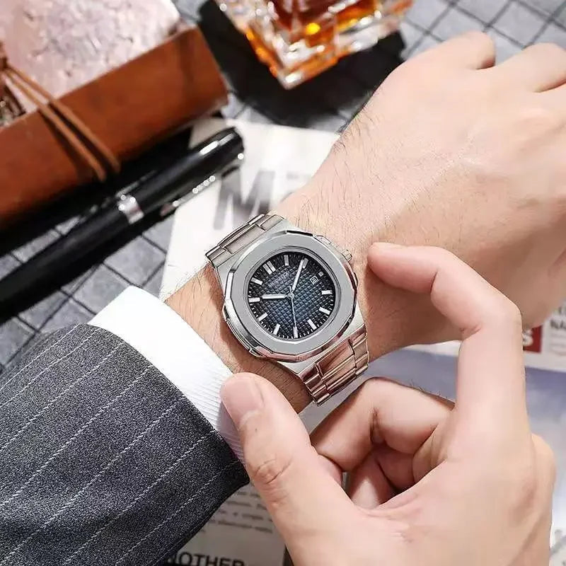 2024 Luxury Fashion Casual Men Watches Big Dial Silver Stainless Steel Calendar Quartz Wristwatch Classic Top Brand Male Clock Venice Collections