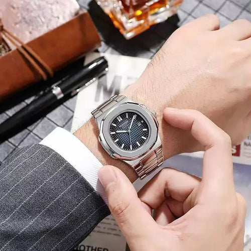 2024 Luxury Fashion Casual Men Watches Big Dial Silver Stainless Steel Calendar Quartz Wristwatch Classic Top Brand Male Clock Venice Collections