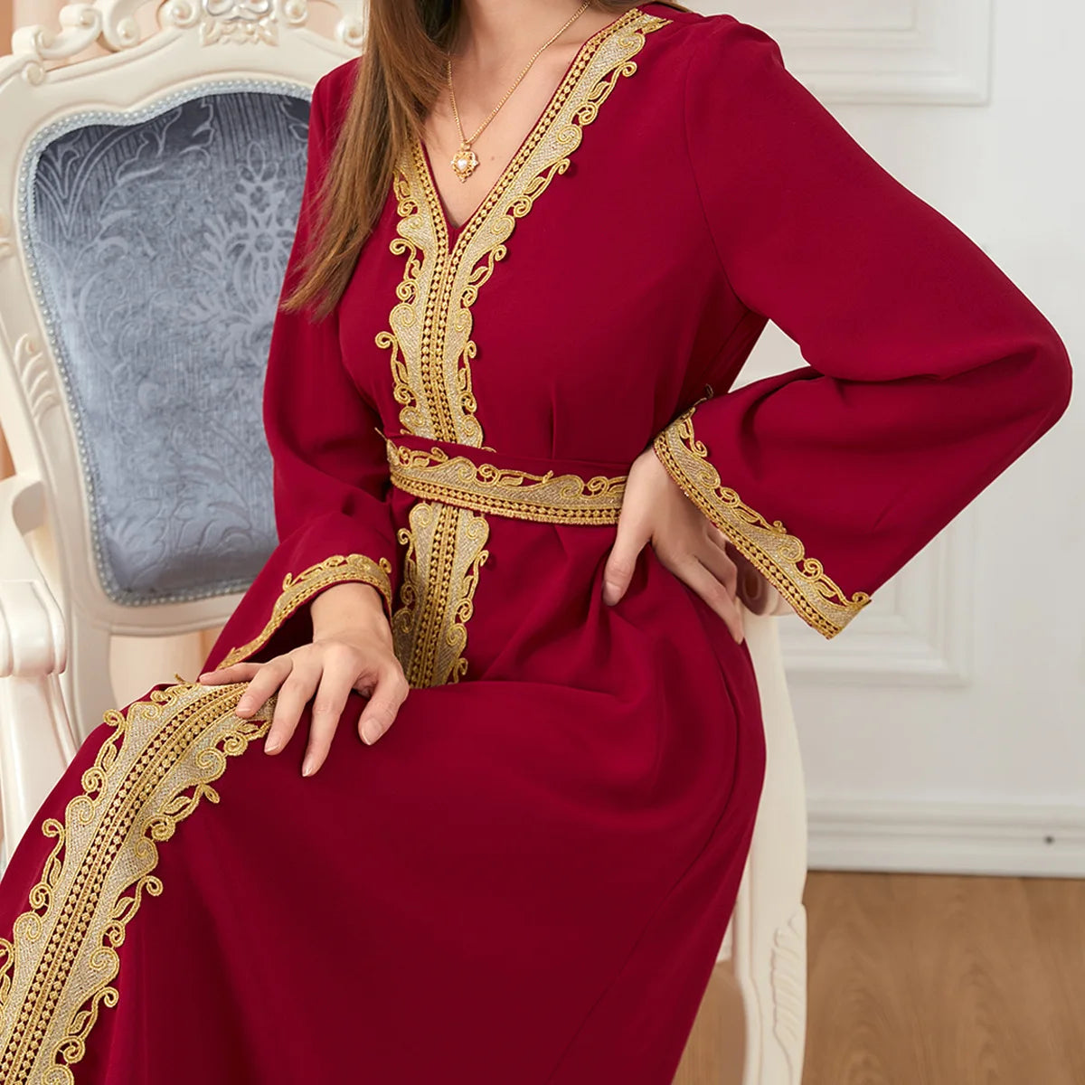 Muslim Women's Clothing, Solid Color Patchwork Basic Style, Loose Embroidery, Long Skirt, Dress, Long-Sleeved Dress Venice Collections