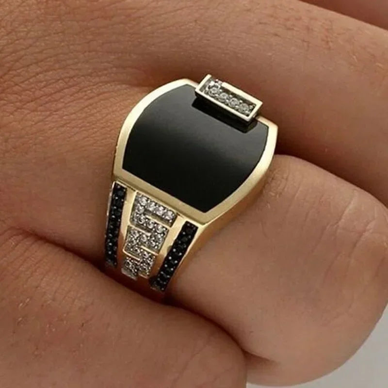 Classic Men’s Gold-Tone Ring with Black Zircon – Luxury Punk Style Venice Collections