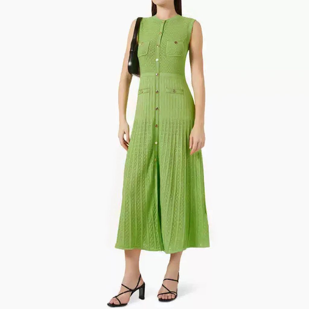 Spring And Summer New Fashion Thin Cut Hollow Lace Silver S Button Slim Fit Round Neck Sleeveless Temperament Women's Dress Venice Collections