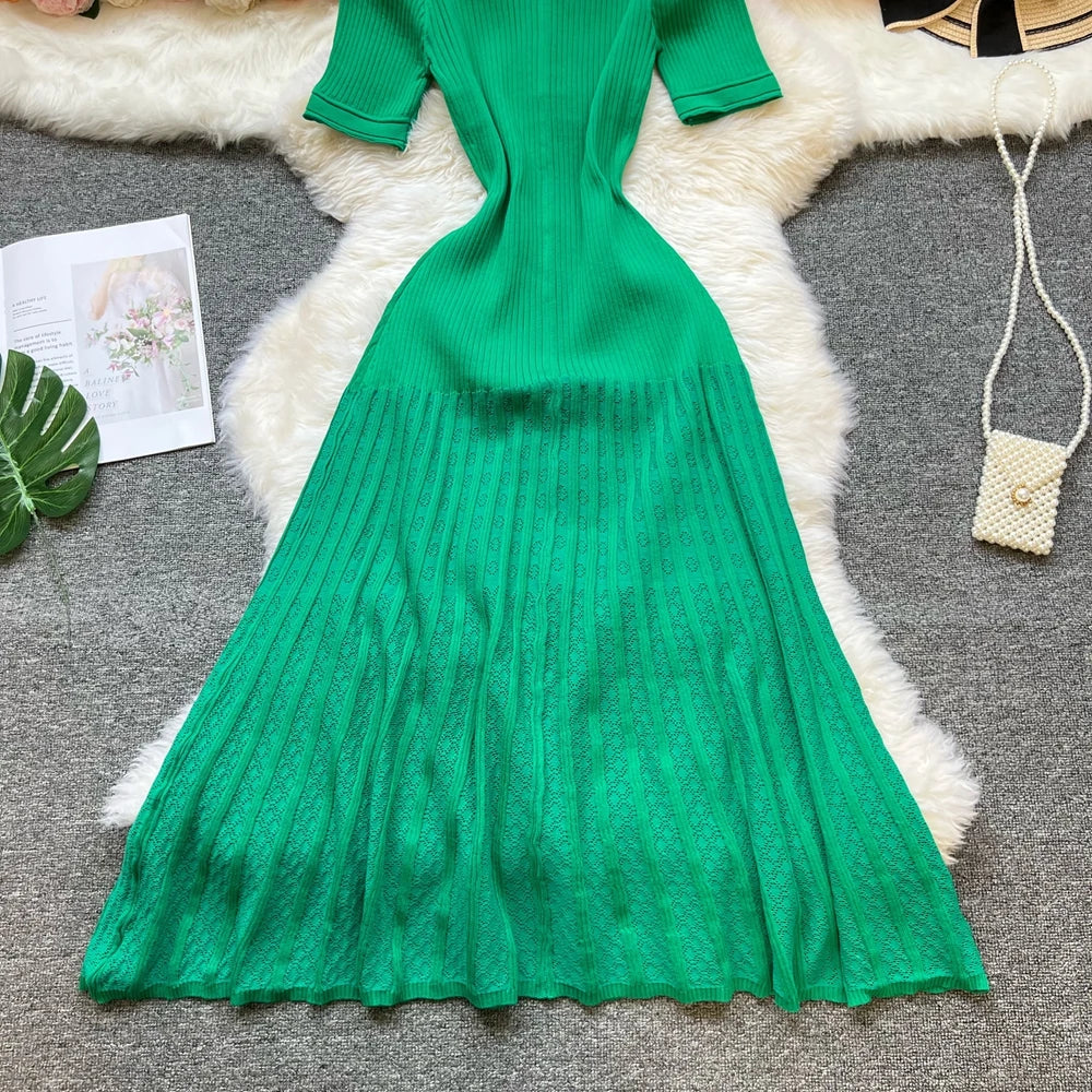 YuooMuoo Summer Maxi Dress Women Knit Black Green Long Bodycon Korean Fashion Ruffle Ladies Dresses Elegant Office Women Dress Venice Collections