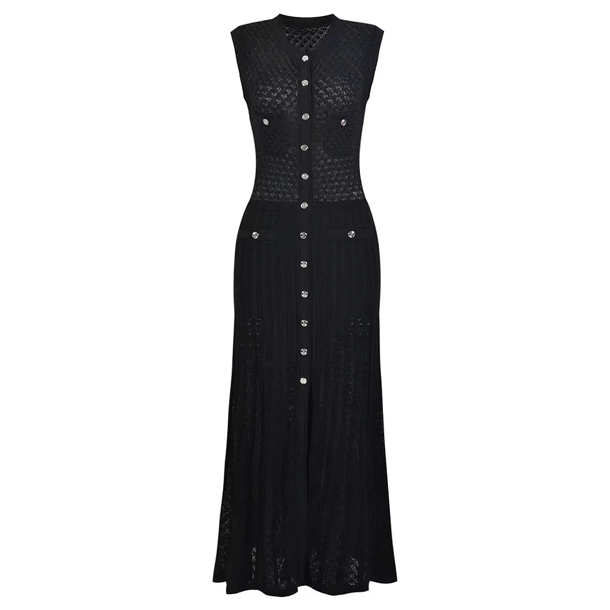Spring And Summer New Fashion Thin Cut Hollow Lace Silver S Button Slim Fit Round Neck Sleeveless Temperament Women's Dress Venice Collections