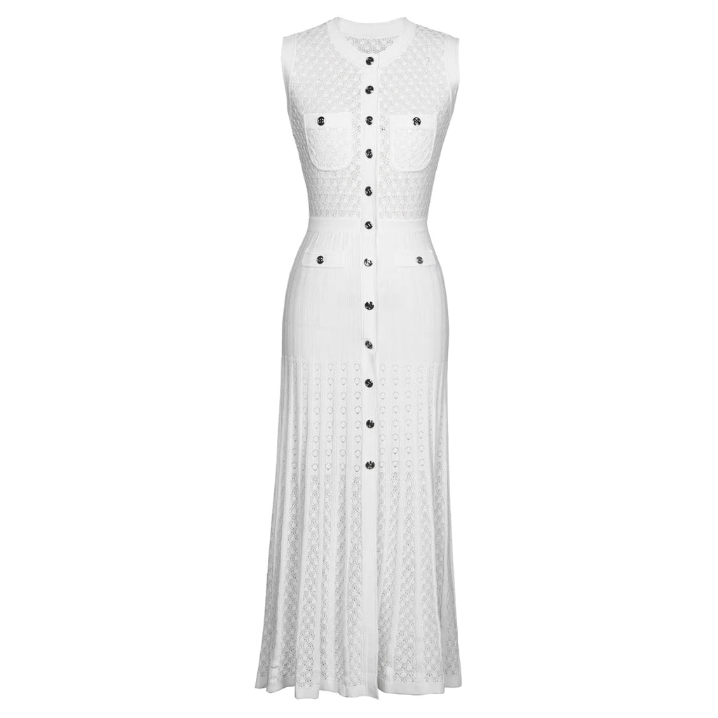 Spring And Summer New Fashion Thin Cut Hollow Lace Silver S Button Slim Fit Round Neck Sleeveless Temperament Women's Dress Venice Collections
