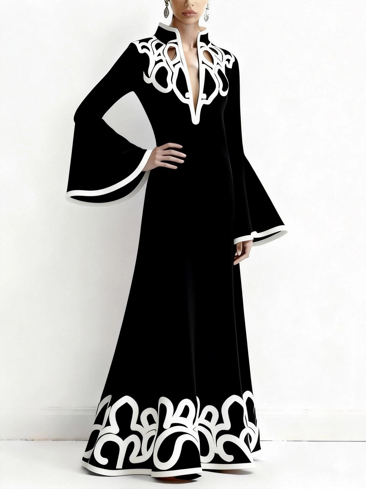 Modigirl Women's Spring Artistic Vintage Maxi Dress 2026 Hollow V-Neck Flared Sleeves Lady Elegant Gown for Formal Evening Party Venice Collections