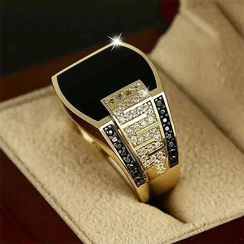 Classic Men’s Gold-Tone Ring with Black Zircon – Luxury Punk Style Venice Collections