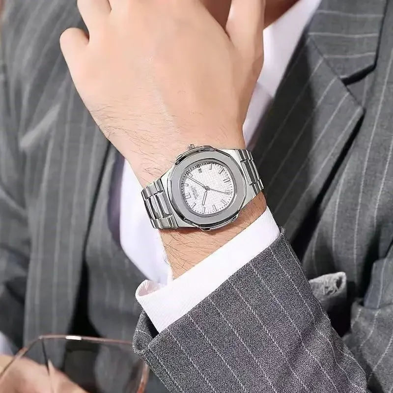 2024 Luxury Fashion Casual Men Watches Big Dial Silver Stainless Steel Calendar Quartz Wristwatch Classic Top Brand Male Clock Venice Collections