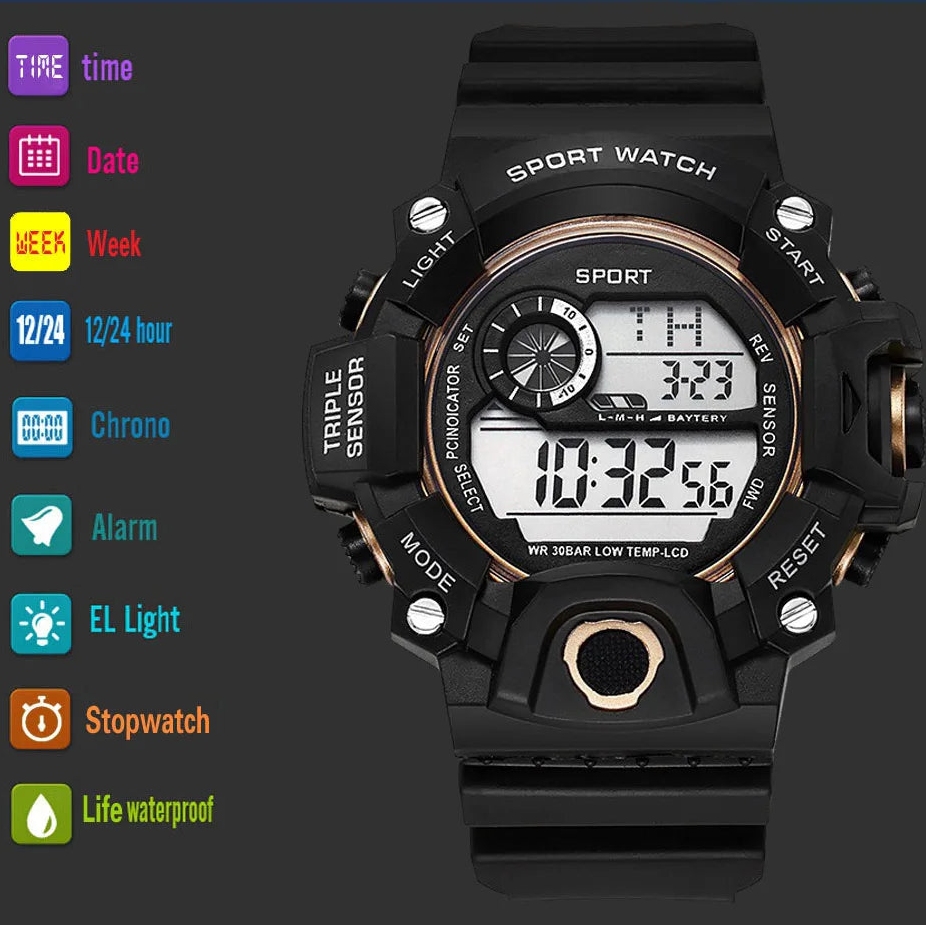 Multifunctional electronic watch with digital display on a dark background, featuring various icons and text.