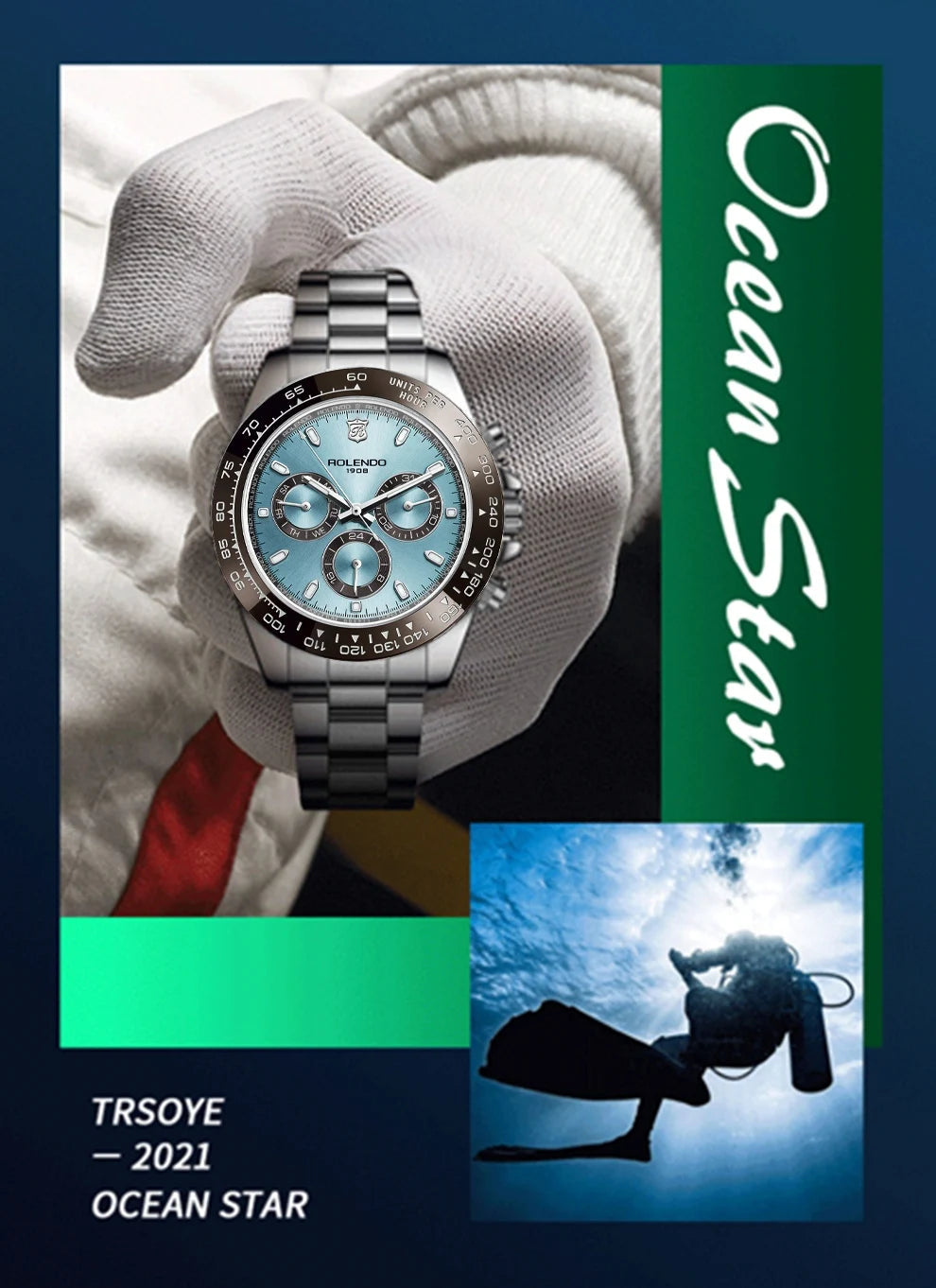 ROLENDO Luxury Men Automatic Diver Watch 40.5mm Mineral Crystal Luminous Date 300M Waterproof High-end Men's Wristwatch Gift Venice Collections