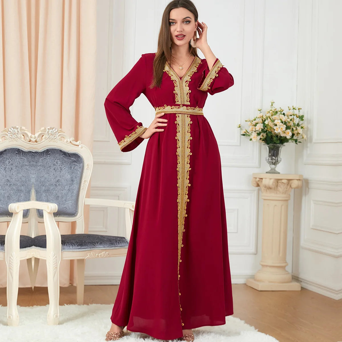 Muslim Women's Clothing, Solid Color Patchwork Basic Style, Loose Embroidery, Long Skirt, Dress, Long-Sleeved Dress Venice Collections