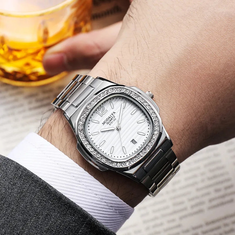 2024 Luxury Fashion Casual Men Watches Big Dial Silver Stainless Steel Calendar Quartz Wristwatch Classic Top Brand Male Clock Venice Collections