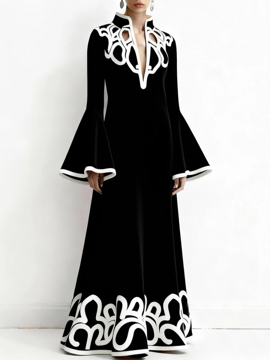 Modigirl Women's Spring Artistic Vintage Maxi Dress 2026 Hollow V-Neck Flared Sleeves Lady Elegant Gown for Formal Evening Party Venice Collections